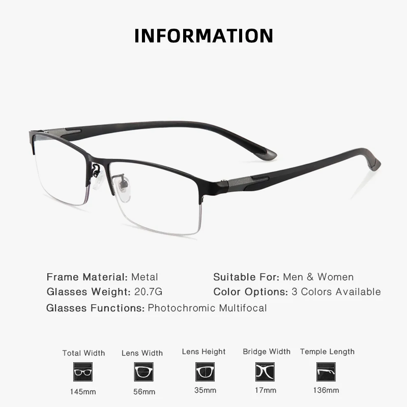 METAL ULTRA-LIGHT HALF-FRAME PHOTOCHROMIC MULTIFOCAL GLASSES
