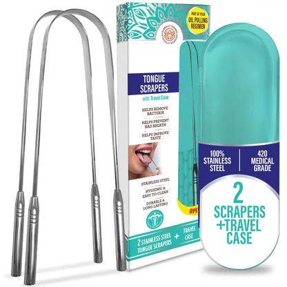 U Shaped Stainless Steel Tongue Scraper (2-Pack) Oral Case